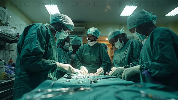 Surgical team in green scrubs intensely focusing on a procedure at the operating table, AI Generated, AI generated