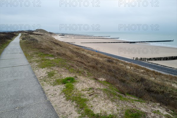 Path along the dune with a view of the beach and groynes on the horizon