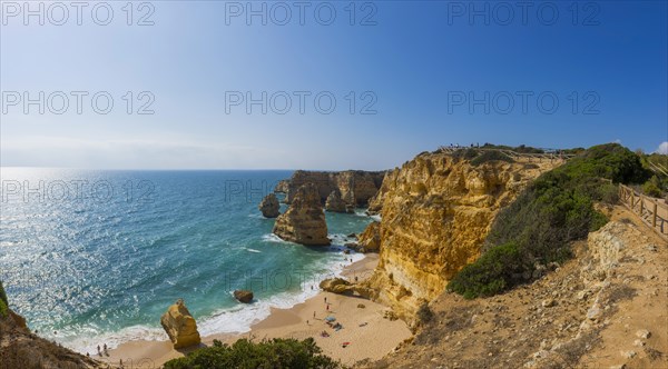 Beach, beach section in the Algarve, summer holiday, panorama, weather, sunny, Atlantic, beach, beach holiday, summer holiday, travel, holiday, tourism, nature, rocky, rocks, landscape, coastal landscape, rocky coast, cliffs, bay, bay of the sea, sea, Carvoeiro, Portugal, Europe