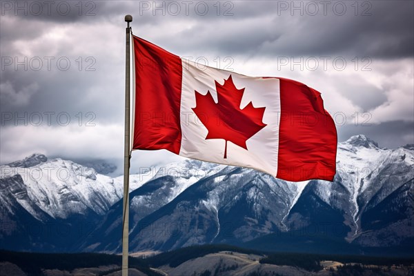 Candian flag with landscape with mountains covered in snow in blurry background. KI generiert, generiert AI generated