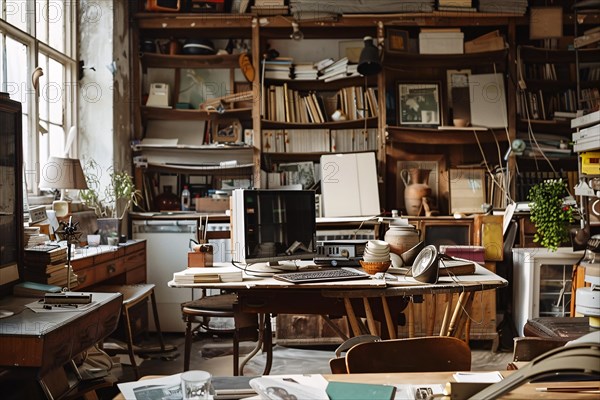Cluttered vintage workspace with books, papers, and various items, AI generated
