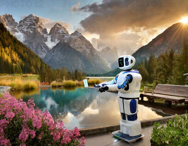 A robot holds a laptop and stands in front of an idyllic mountain lake at sunset surrounded by flowers, AI generated, AI generated