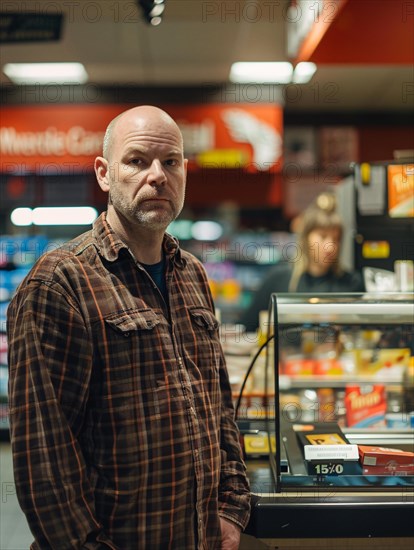 Man with a disappointed expression standing in a supermarket checkout area, AI generated