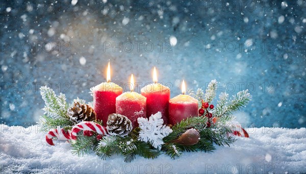 Ai generated, Advent wreath with burning candles, Christmas season, Christmas decoration, 4th Advent, Fourth Advent