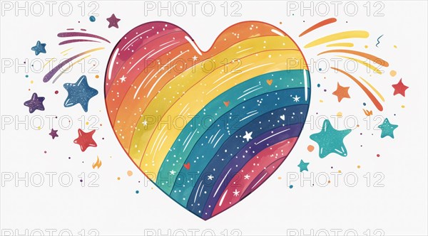 Artistic sketch of a heart with rainbow colors and dynamic star shapes around it, ai generated, AI generated
