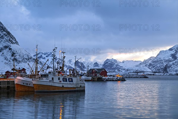 Docked fishing boats in a serene harbor with snow-covered mountains under the evening light, Lofoten
