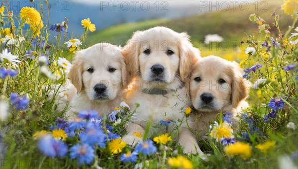 KI generated, Three Golden Retrievers lying in the grass of a flower meadow, young animals, animal children