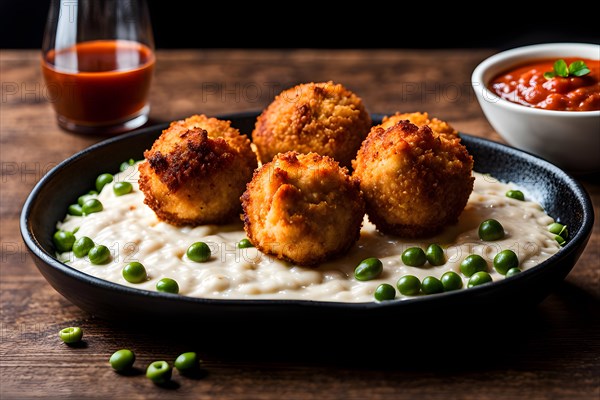 Crispy arancini risotto balls encasing molten mozzarella and green peas, AI generated