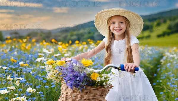 KI generated, A blonde girl rides her bike and enjoys the summer in a meadow with many flowers, Bicycle basket with flowers