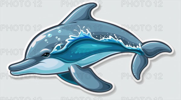 A playful cartoon dolphin swimming with a dynamic blue backdrop, ai generated, AI generated