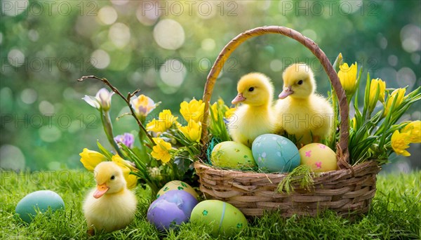 Ai generated, An Easter basket with coloured eggs in a meadow with colourful flowers, two ducklings in the basket, symbolic image Easter, animal children