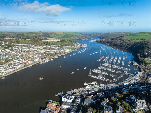 Dartmouth and Kingswear over River Dart from a drone, Devon, England, United Kingdom, Europe