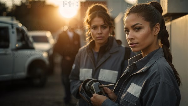 Two serious women in mechanic uniforms outdoors holding a camera at dusk, women at traditional men jobs, feminine power and rights concept, blurry selective focus background, bokeh, AI generated