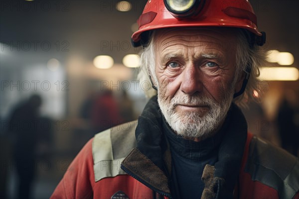 Portrait of very old man in fireworket attire. Man working long past his retirement age. KI generiert, generiert AI generated