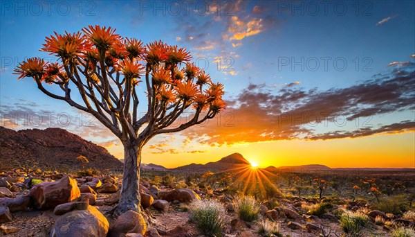 KI generated, Namibia, Namaqualand, blooming desert with camel thorn tree, Africa