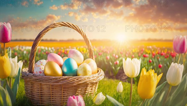 A basket with colorful Easter eggs on a spring field with blooming tulips at sunrise. AI generated art