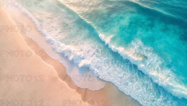 Aerial view of foamy ocean waves hitting the sandy beach. Exotic serene sea, tropical summer vacation seaside, holiday recreation concept, pastel turquoise colors background. AI generated art