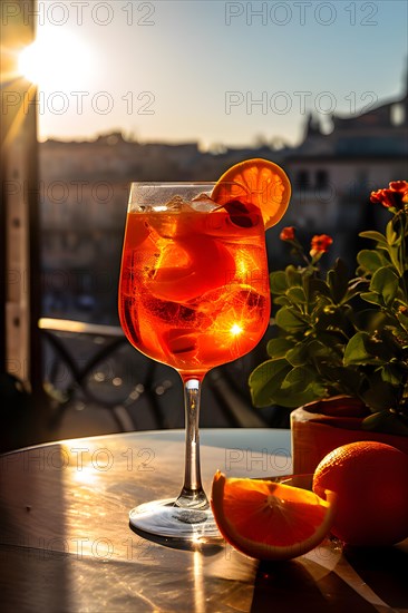 Aperol spritz radiating bright and bubbly charm glass positioned on a sunlit terrace table, AI generated