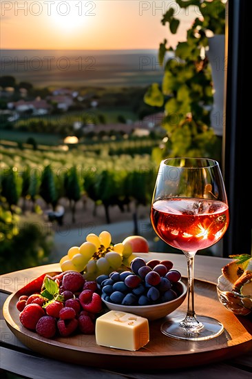 Glass of ros wine perched gracefully next to a platter bursting with vibrant fresh fruits, AI generated