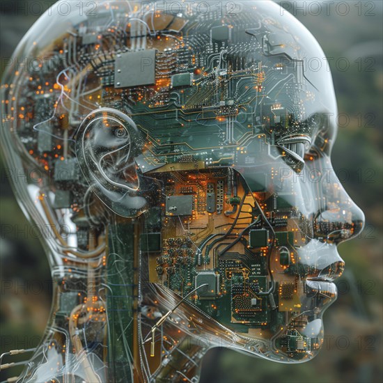 Medical a human head with brain and computer chip, symbol image KI in the human brain, ai generated, AI generated