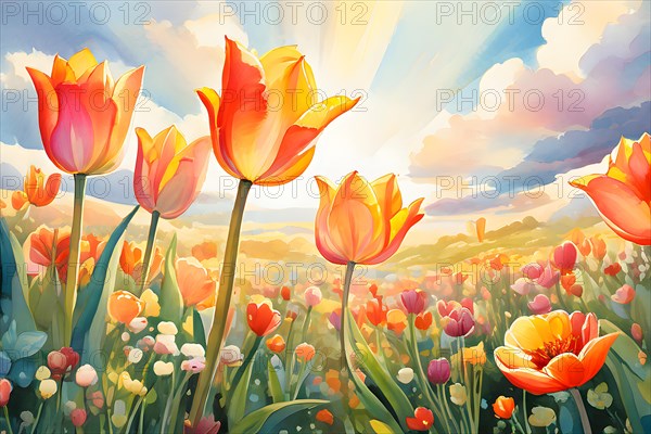 Watercolor painting featuring a tulip field, AI generated