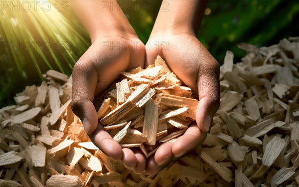 Holding woodchips in your hands, woodchips, renewable fuel, climate change, AI generated, AI generated