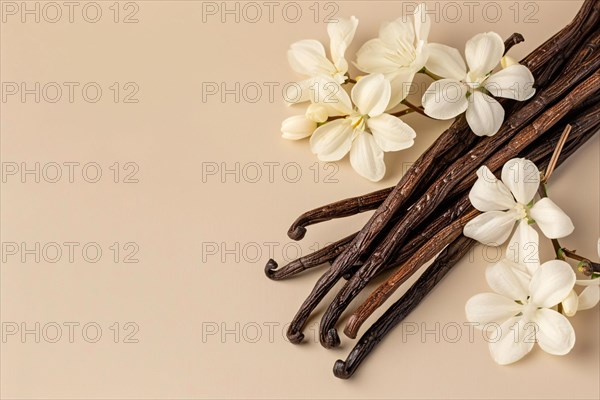 Top view of dry Vanilla beans and flowers on beige background with copy space. KI generiert, generiert AI generated
