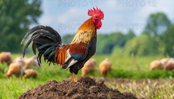 KI generated, A beautiful rooster stands on a dung heap, farmyard, (Gallus gallus domesticus)