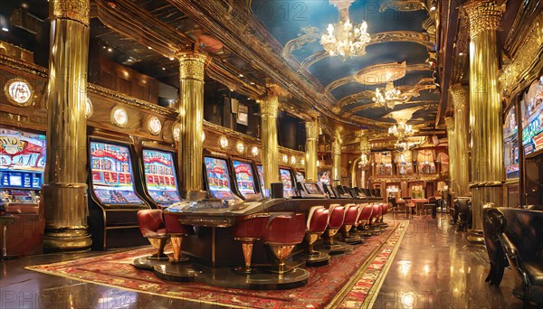 AI generated, Las Vegas, casino, slot machines, interior view, deserted, nobody, gambling, gambling addiction