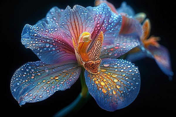 Close-up of a vibrant blue orchid with dew drops enhancing its petal details, AI generated