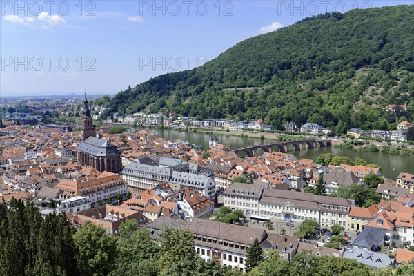 View of the city with river, (Neckar), bridges and surrounded by green hills, Heidelberg, Baden-Wuerttemberg, Germany, Europe