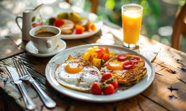 Sunny rustic breakfast setup with pancakes, eggs, coffee, and fresh fruit on a wooden table AI generated