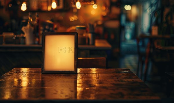 A small framed menu on a cafe table, bathed in warm moody evening light AI generated