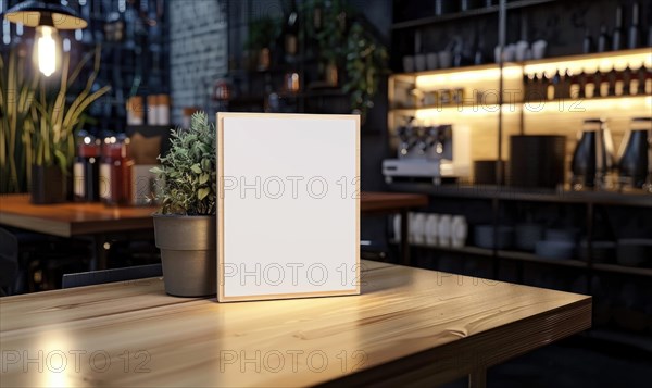 A cozy cafe interior with an empty menu board on a wooden table under warm ambient lighting AI generated