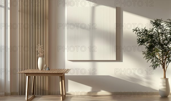 Modern and minimal interior with a wooden dining table, empty frame, and potted plant in sunlight AI generated