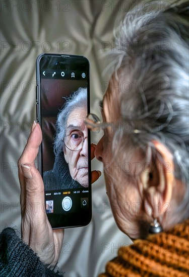 An elderly woman holds her smartphone in her left hand and looks at her reflection on the display, AI generated, AI generated