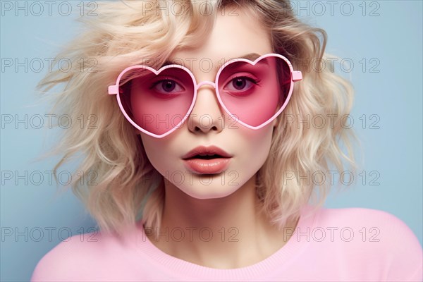Portrait of young attractive blond woman with pink heart shaped sunglasses in front of pastel blue studio background. KI generiert, generiert AI generated