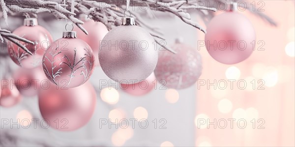 Pink Christmas tree baubles hanging from snow covered tree branches. KI generiert, generiert AI generated