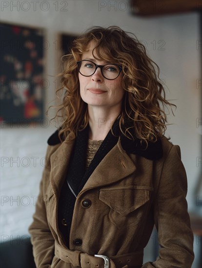Woman with curly hair sporting glasses and a trench coat in a room with warm tones and wall art, AI generated