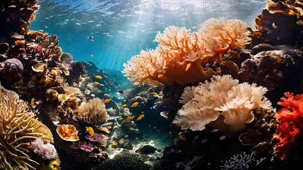 Vibrant coral reef undergoing bleaching contrasts between lively hues and bleached whites, AI generated