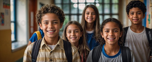 A diverse group of smiling children with backpacks in a school corridor, wide horizontal aspect ratio, blurred sunny background with bokeh effect, AI generated