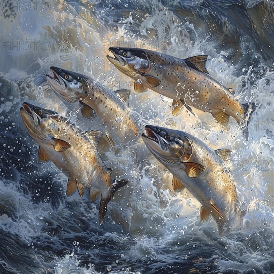 Salmon (Salmo salar) on the migration and swim up a stream in shallow, clear water, ai generiert, AI generated