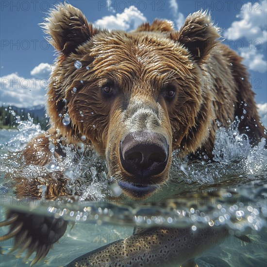 A brown bear hunts salmon in shallow clear water, AI generated