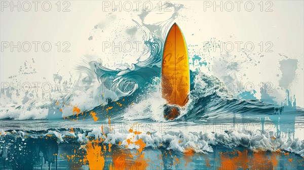 An abstract art piece featuring a surfboard and a dynamic wave with splatter effects, ai generated, AI generated