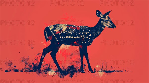 Silhouette of a deer with vibrant red abstract splatter art on a red background, ai generated, AI generated