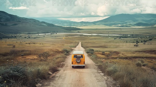 An orange vintage bus travels down a dirt road through a vast countryside landscape, AI generated