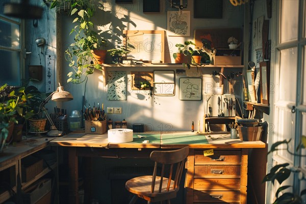 A sunlit artist's workspace filled with plants and creative supplies, AI generated