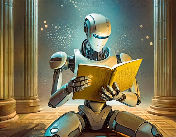 A robot sits reading in a room with pillars, surrounded by warm, gold-coloured lighting, AI generated, AI generated
