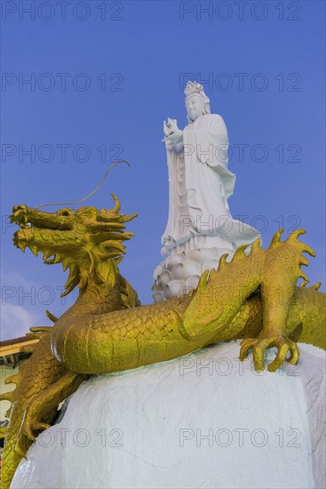 Buddhist temple, evening light, religion, Buddhism, world religion, statue, sculpture, worship, God, icon, faith, believe, culture, history, cultural history, cult, church, dragon, dragon figure, travel, holiday, tourism, Kao Lak, Thailand, Asia