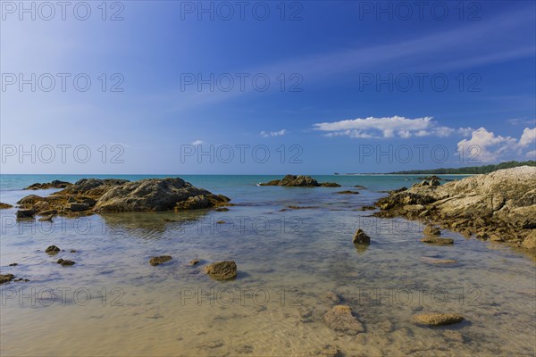 Rocky beach landscape at Silent beach in Khao lak, beach, stone beach, panorama, beach panorama, stony, rocks, beach holiday, holiday, travel, tourism, sea, seascape, coastal landscape, landscape, rocky, stony, ocean, beach holiday, water, salt water, nature, lonely, empty, nobody, dream beach, beautiful, weather, climate, sunny, sun, paradise, beach paradise, Thailand, Asia